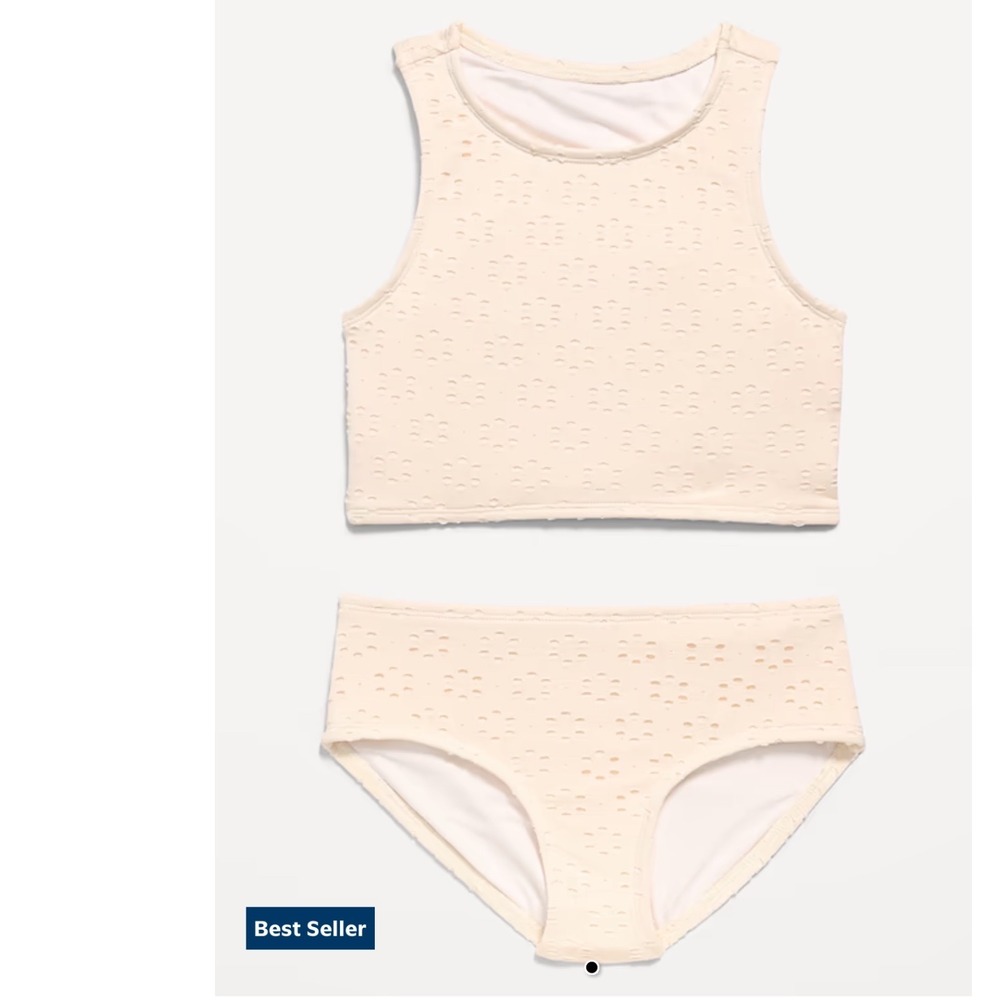 Old Navy Girls Eyelet Two-Piece Swimsuit Off-White High Neck Cutout Back S 6-7